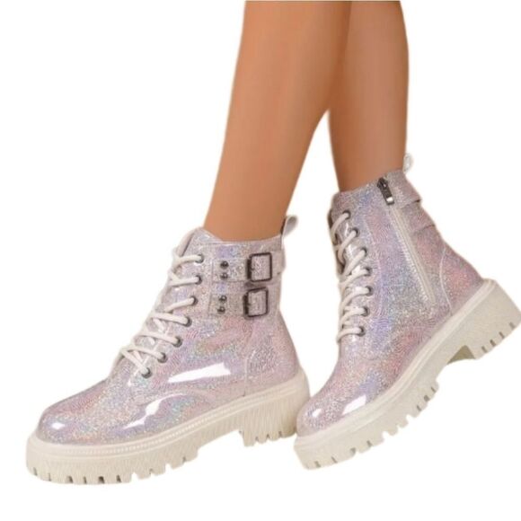 Pink sparkly platform combat boots sz 7 - Picture 9 of 10